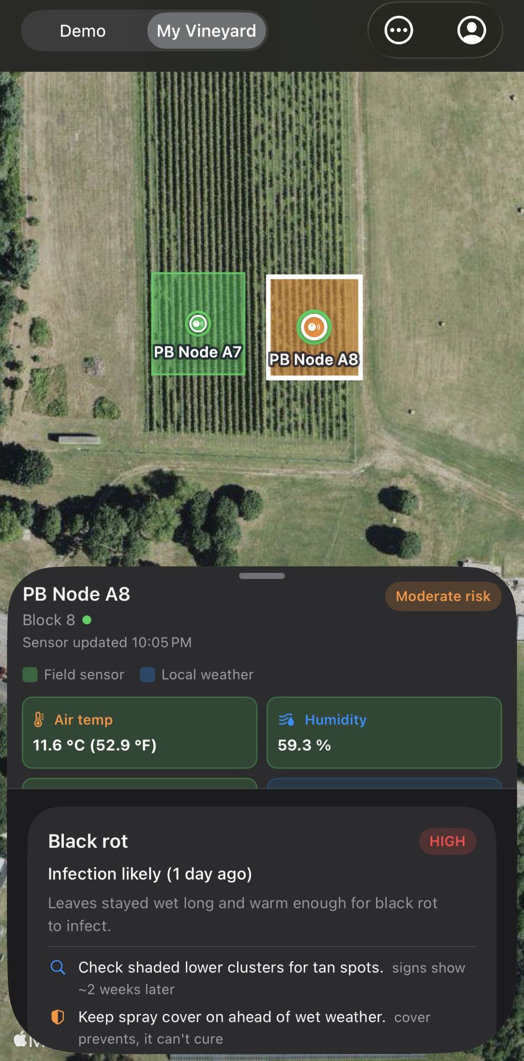 Vineyard map with block 7 shaded green and block 8 shaded orange, each with its node